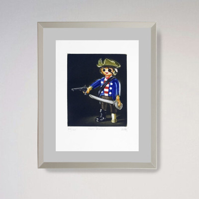 Grabado de Ramiro Undabeytia. Playmobil pirata pata de palo