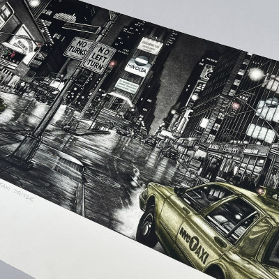 Grabado de Ramiro Undabeytia. Taxi Driver